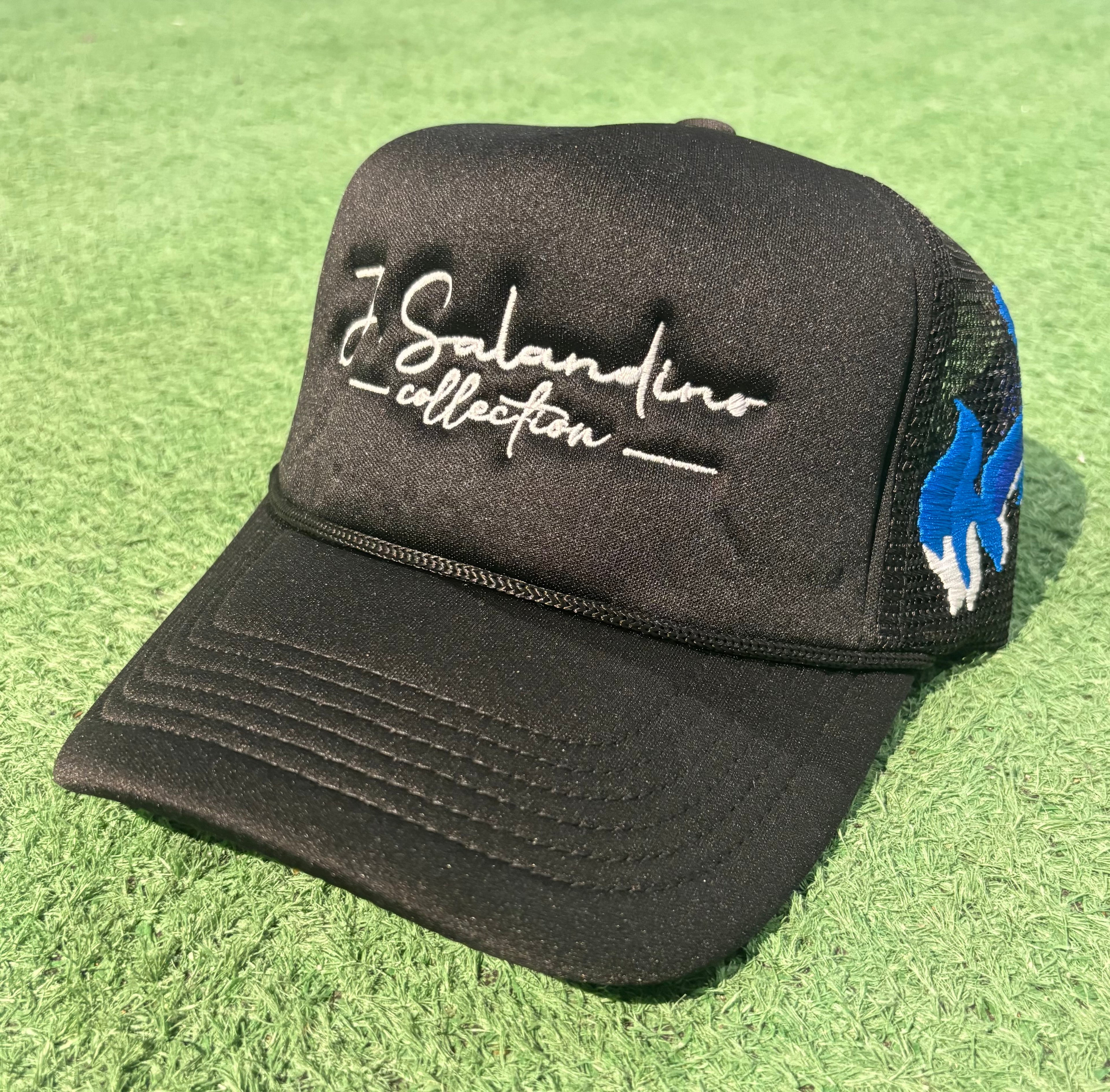JSalandino Collection Black & Blue Flame Trucker