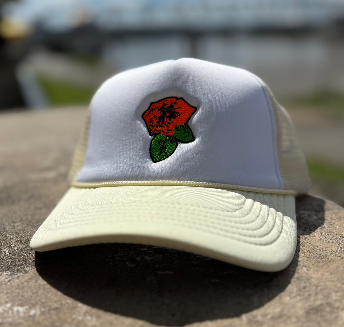 JSal Cream/White/Orange/Green Rose Trucker